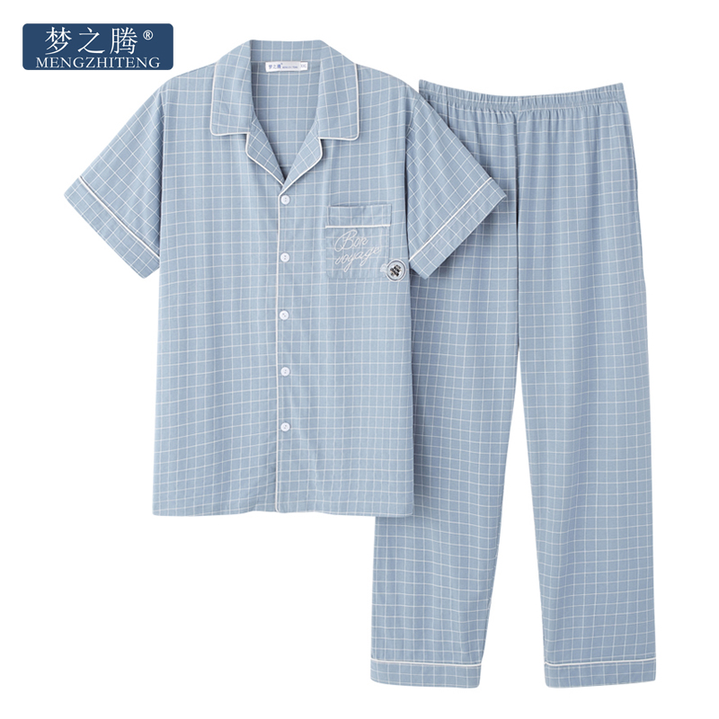 Mengzhiteng 여름 남성 체크 무늬 잠옷,면 반팔 바지 정장, 가디건, 얇은 홈 서비스