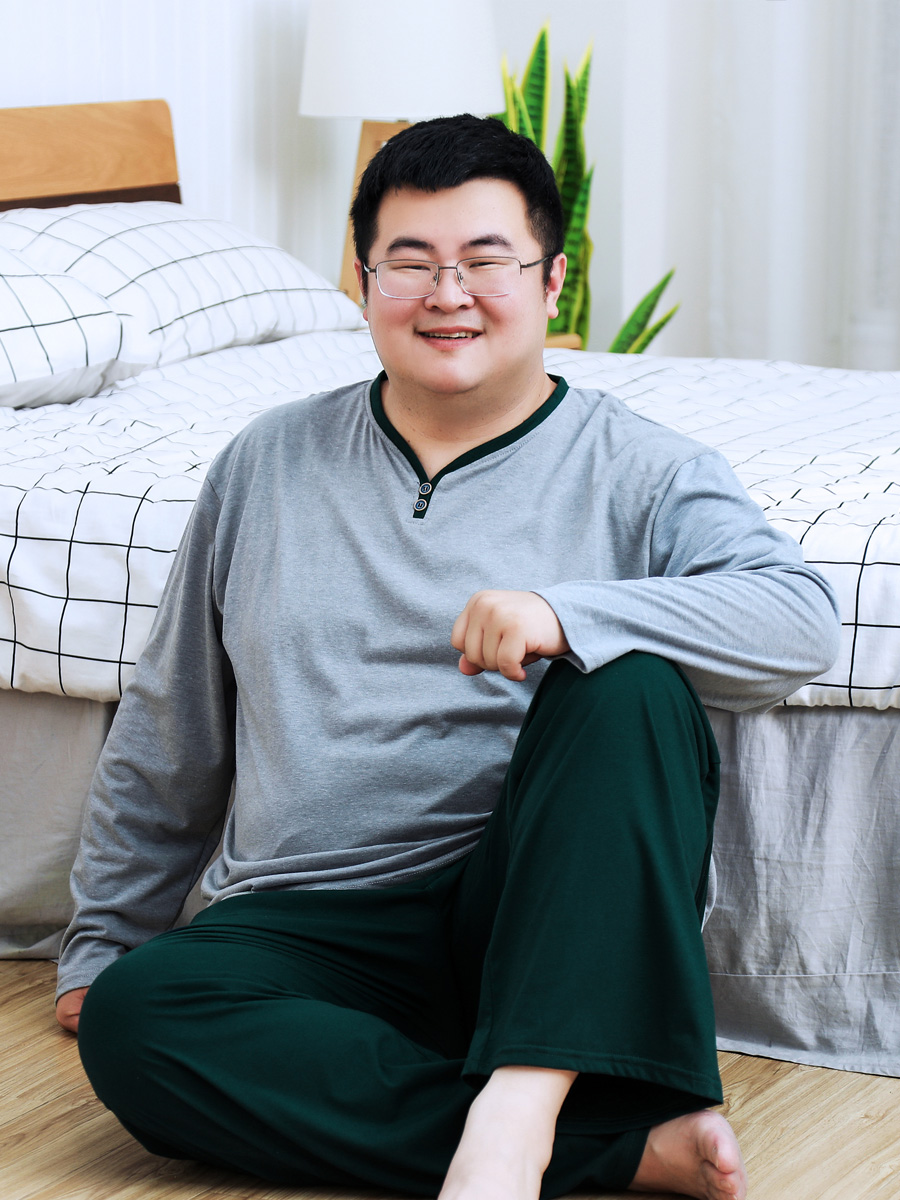 Jin Zhilan 플러스 지방 빅사이즈 남성 잠옷 가을 긴팔 100Kg 루즈핏 홈웨어 세트