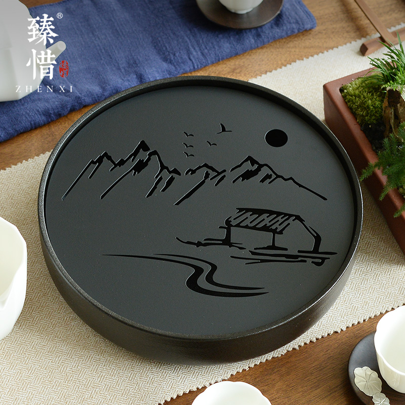 티트레이 Zhenxi 스테인레스 스틸 드라이 티 트레이 간단한 가정용 세라믹 쿵푸 차 세트 라운드 물 저장 작은 테이블 일본