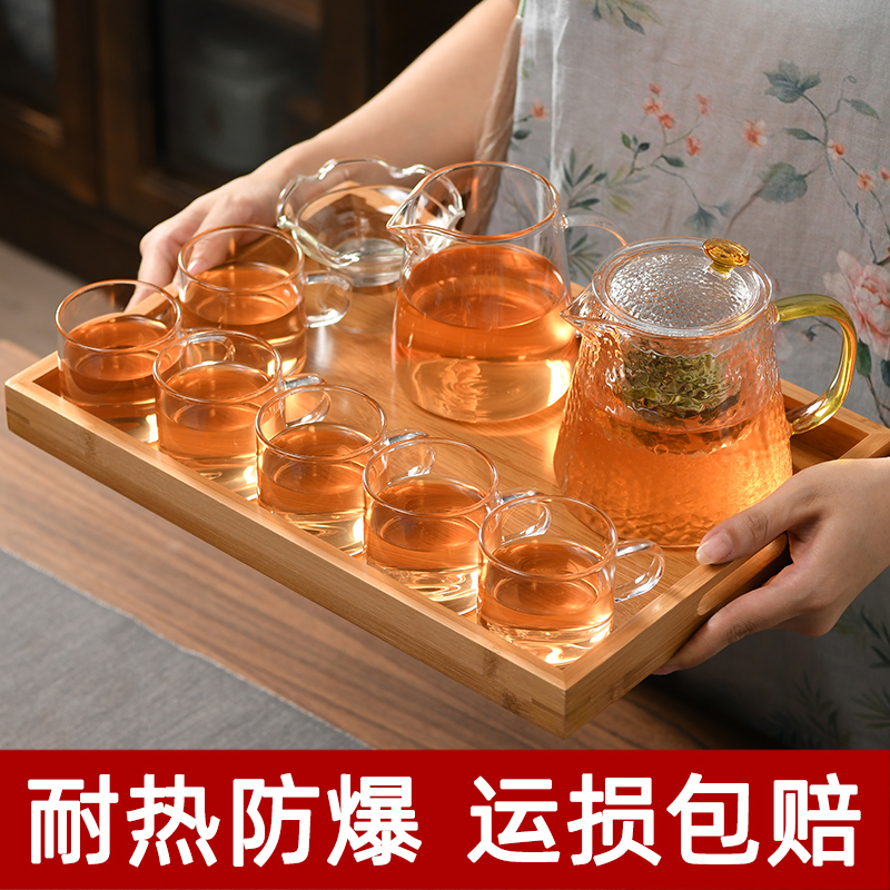 티트레이 주전자 일본식 유리 꽃 세트 고온 끓는 쿵푸 차 컵 트레이