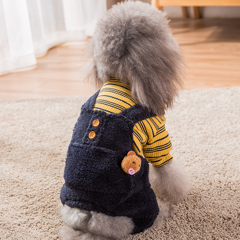 스트라이프 세분화 된 벨벳 바지 네 다리가있는 옷 가을 겨울 두꺼운 패딩 코트 겨울 테디 포메라니안 작은 강아지