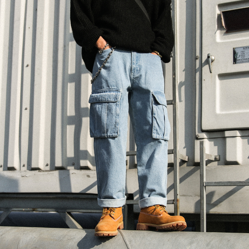 스트레이트 청바지 남성 루즈핏 밝은 색상 힙합 브랜드 와이드 레그 바지 오래된 툴링 스케이트 보드