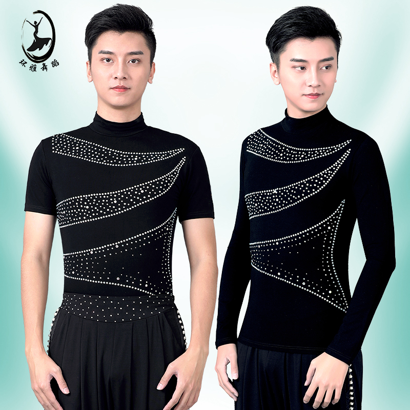 남성과 여성을위한 Huanya 현대 무용 연습복 새로운 하이 넥 반팔 블랙 바디 슈트 성능 의류 라틴 댄스 의류 탑