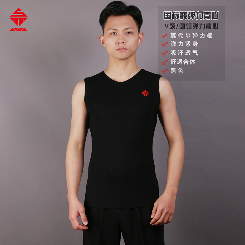 Miki Dansi 남성 여름 조끼 운동 훈련 댄스 의상 국가 표준 모던 성인 라틴 셔츠