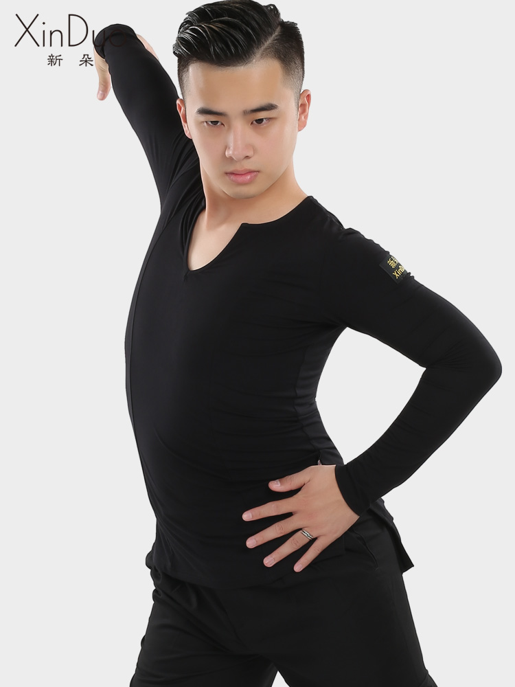 두 라틴 댄스 옷 남성 성인 전문 국가 표준 Chacharumba 연습 긴팔 셔츠 브이넥 슬림 가을