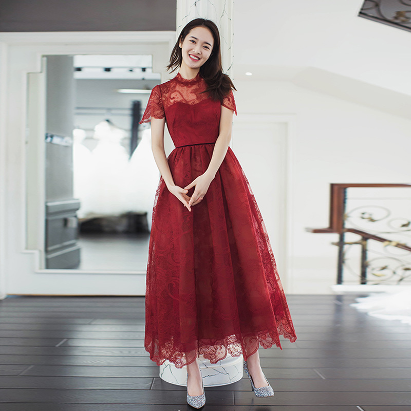 토스트 드레스 신부 2019 이브닝 약혼 의자 얇은 레이스 빨간 스커트 여성은 일반적으로 입을 수