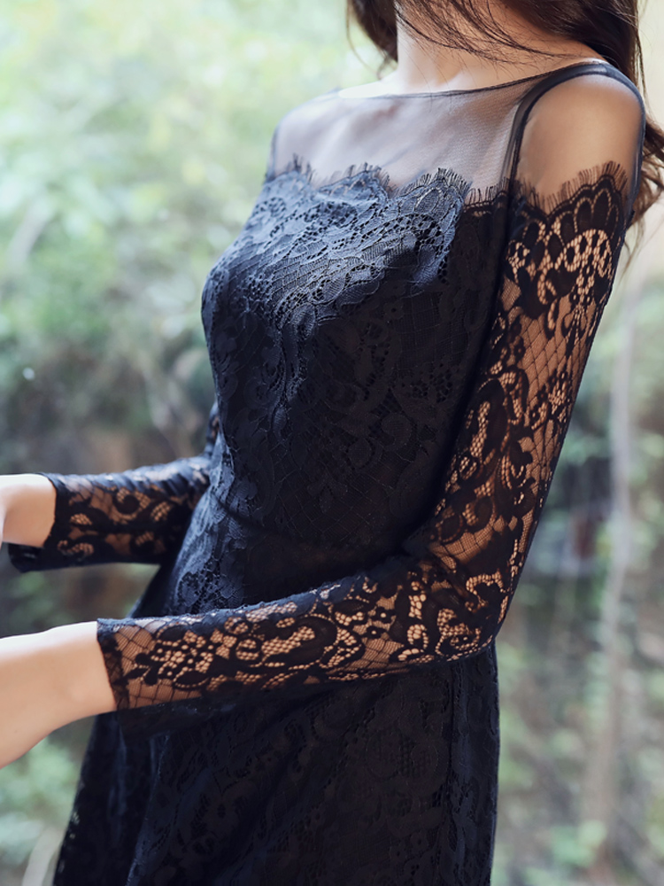 블랙 긴팔 이브닝 드레스 2019 봄 연회 레이스 드레스는 일반적으로 연간 파티 여성 을 입을 수