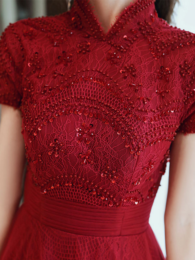 치파오 토스트 드레스 신부 은 얇은 와인 레드 롱 여성 디너 파티 칼라