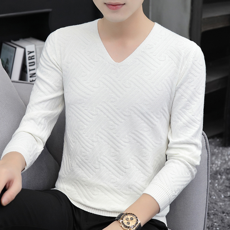 남성 스웨터 V 넥 한국어 트렌드 흰색 바닥 셔츠 남성 캐시미어 스웨터 가을 얇은 개성 스웨터