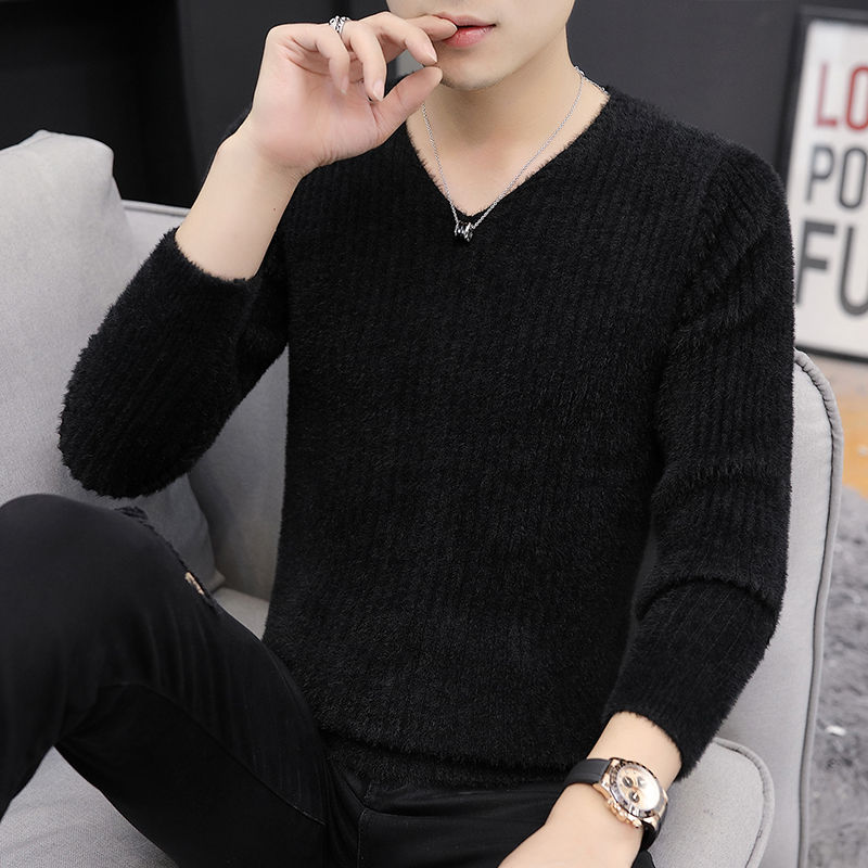 모조 밍크 벨벳 스웨터 남자 2020 새로운 v 넥 바닥 셔츠 따뜻한 옷 트렌드 단색 스웨터의 한국어 버전