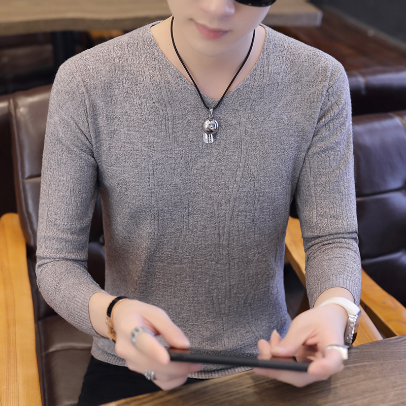남성 V 넥 스웨터 심플하고 다용도 슬림 캐주얼 스웨터 가을 한국어 단색 내부 기본 셔츠