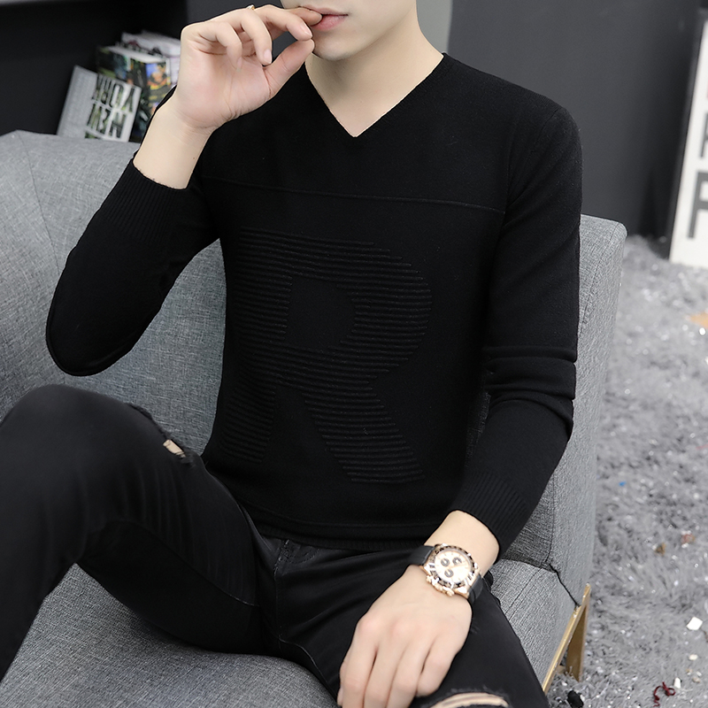V 넥 블랙 스웨터 남성 봄과 가을 새로운 캐주얼 단색 스웨터 남성 한국어 슬림 바닥 셔츠