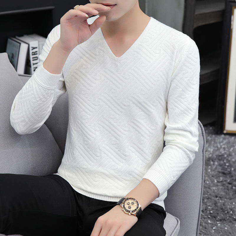 브이넥 흰색 스웨터 남성 가을 겨울 순수한 색상 슬림 캐주얼 이너베이스 셔츠