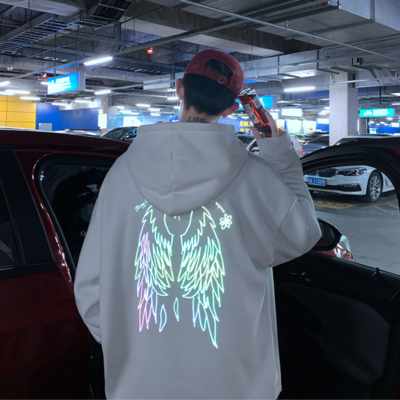 홍콩 스타일 스웨터 남성 루즈핏 대형 트렌드 야광 인쇄 후드 자켓 시크 브랜드 캐주얼 풀오버