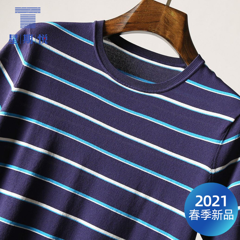 Zhouyue 봄 여름 스트라이프 라운드넥 중년 남성 반팔 티셔츠 스웨터 패션 슬림