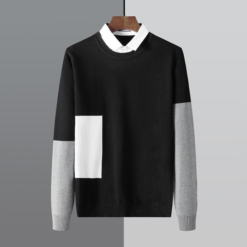 봄 긴팔 남성 니트 스웨터 기하학적 컬러 매칭 셔츠 칼라 얇은 스웨터 가짜 투피스 티셔츠 트렌드 바닥 스웨터