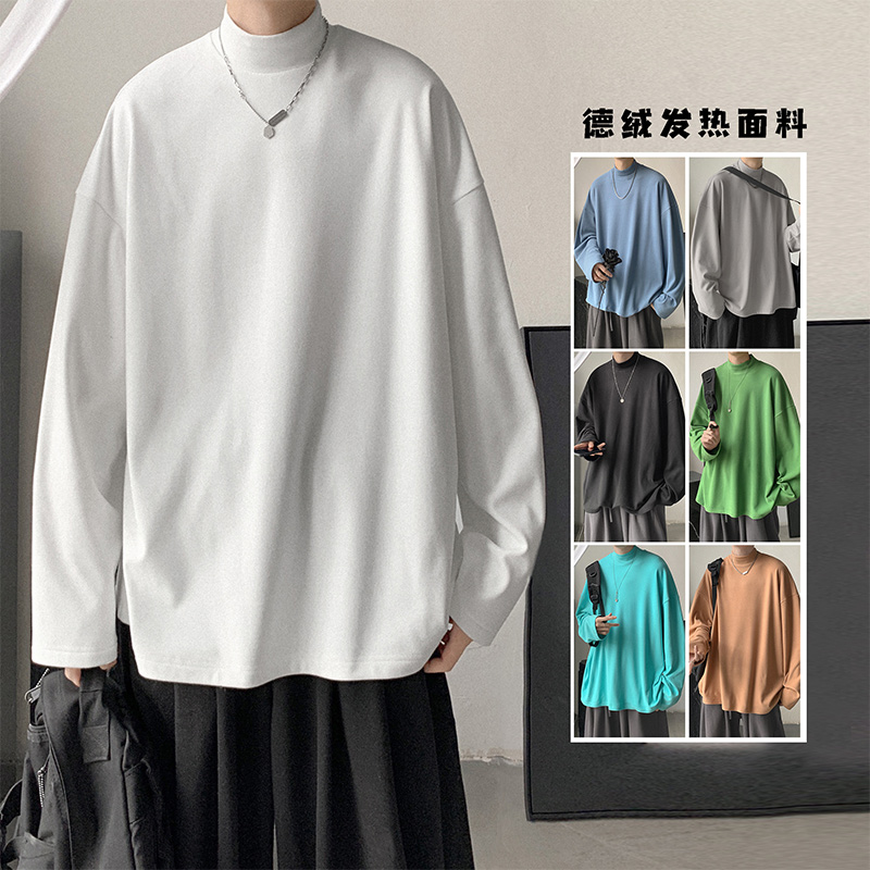 하프 하이 칼라 긴팔 티셔츠 남성 느슨한 홍콩 스타일 단색 이너베이스 코트 가을 옷 한국 겨울 트렌드 캐주얼 탑