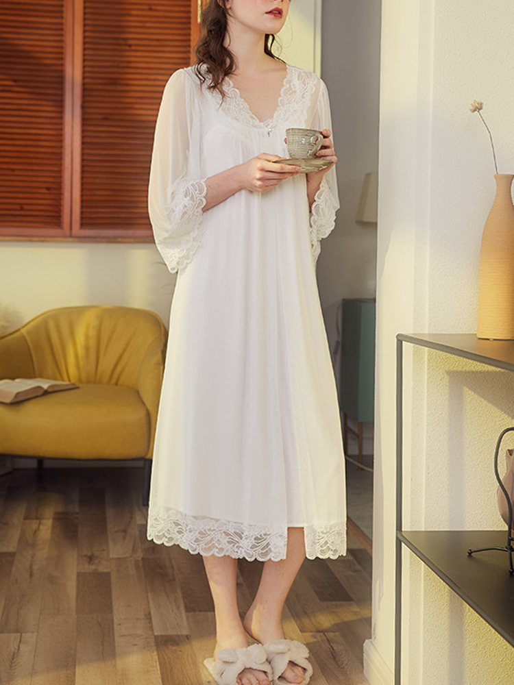 슬링 레이스 nightdress 여성 봄과 가을 궁전 공주 스타일 투피스 모달 잠옷 긴 섹시한 얼음 실크 잠옷