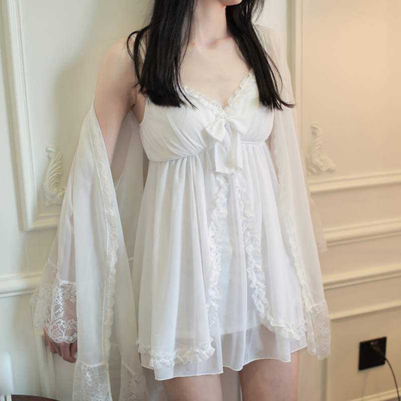 공주 스타일 요정 슬링 얼음 실크 nightdress 여름 가슴 패드 흰색 레이스 매우 요정 잠옷 드레스 여성 봄 가을