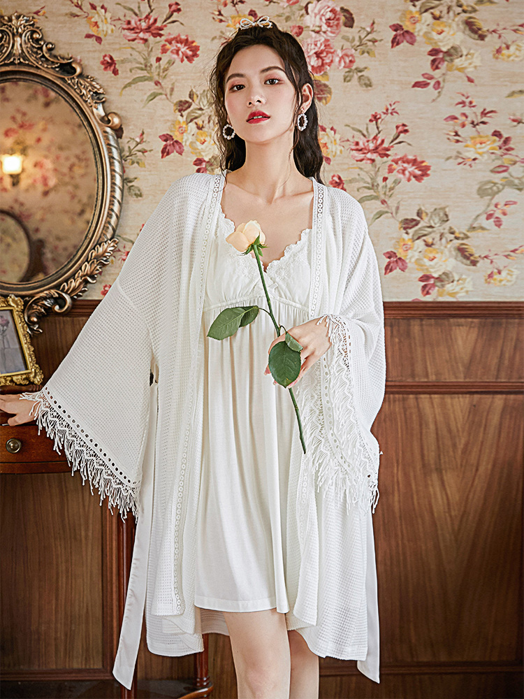 슬링 nightdress 두 조각 여성 봄 가을 흰색 잠옷 빈티지 프렌치 허리 궁전 스타일 레이스 스커트