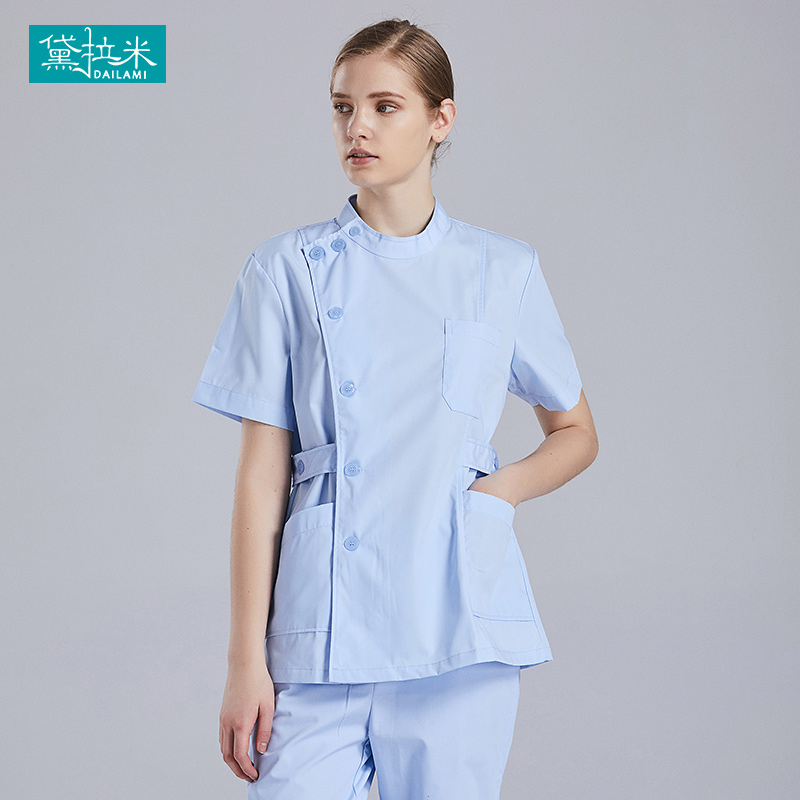 간호사 유니폼 분할 정장 여성 여름 반팔 파란색 부분 라운드 넥 대형 분할 병원 유니폼