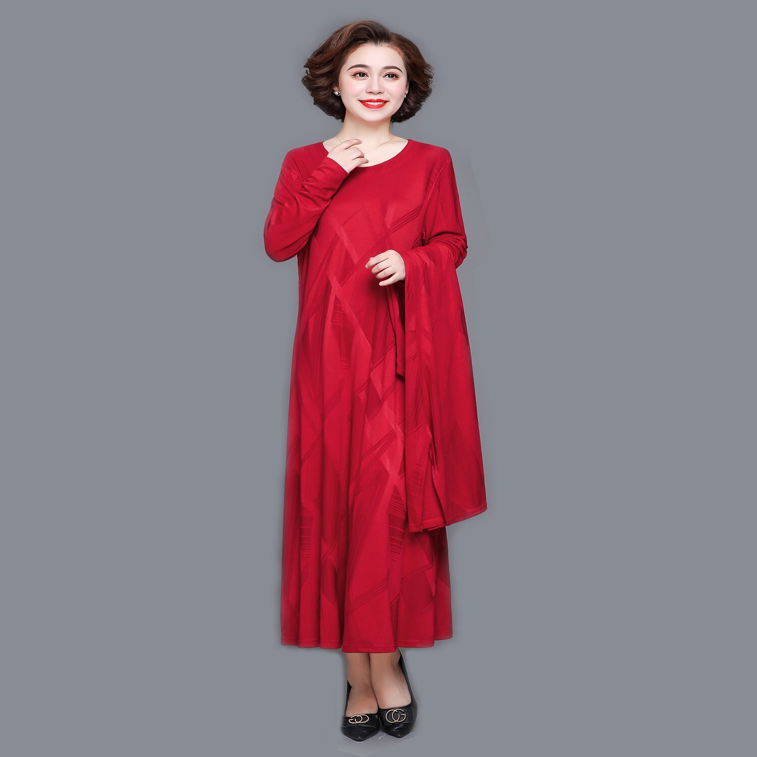 새로운 투피스 양복 중년 여성 플러스 사이즈 의류 긴 소매 빨간 드레스 o 목 가을 casul 드레스 의류