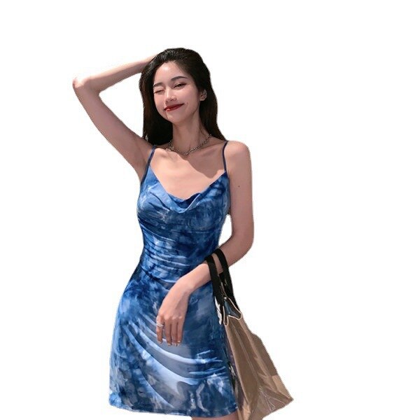 novo joelho-comprimento 서스펜더 magro coreano azul gelo de seda de alta qualidade poliéster vestidos femininos