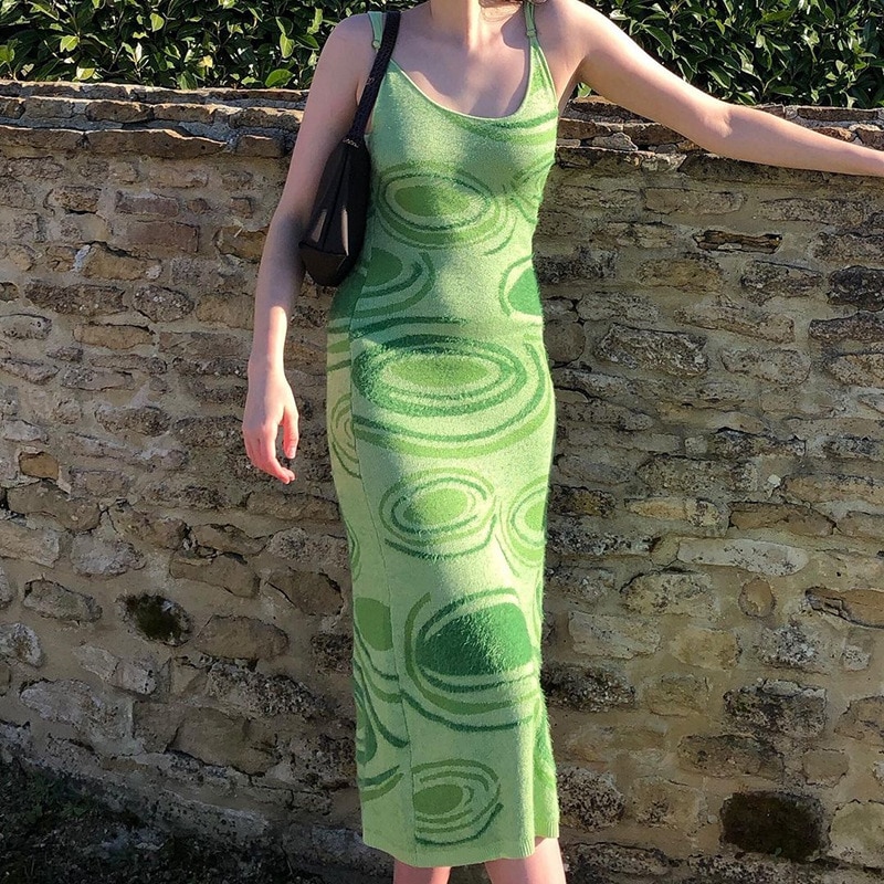 페이즐리 프린트 니트 드레스 여성 그린 Y2K 여름 Bodycon 민소매 스파게티 스트랩 비치 파티 미디