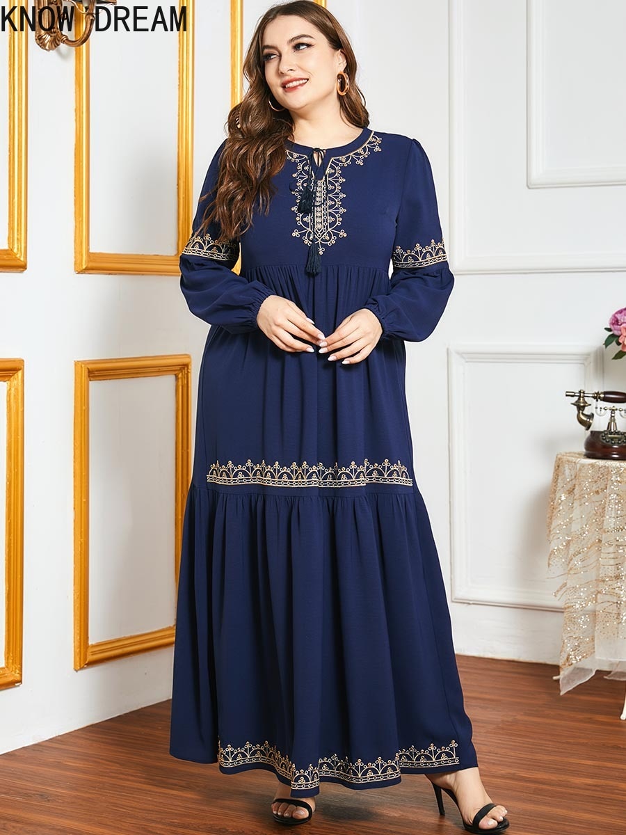 KNOW DREAMA 롱 드레스 빅사이즈 여성 블루 아랍 무슬림 패션 골드 자수 빅사이즈 Ruched Dress