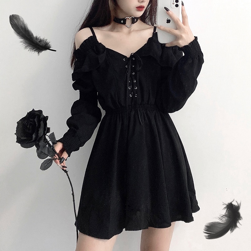 드레스 악마 소녀 블랙 봄 가을 하이웨스트 바이퍼 어깨 긴팔 고딕 ins 뜨거운