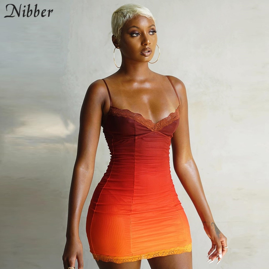 Nibber 그라디언트 색상 Bodycon 여성 미니 드레스 레이스 파티 Clubwear 스파게티 스트랩 캐주얼 스트리트 Clother