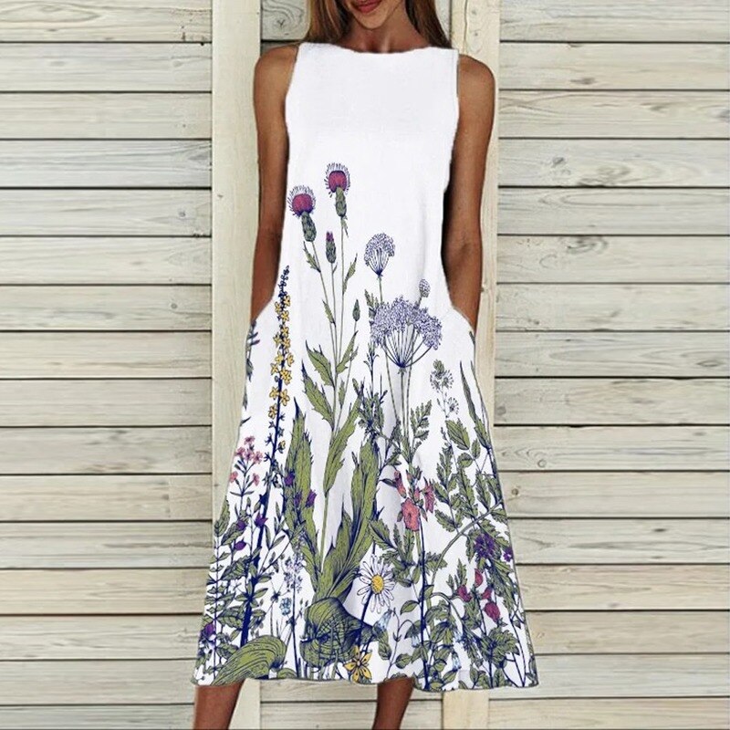 드레스 레트로 인쇄 민소매 여름 여성 캐주얼 포켓 오-넥 루즈핏 우아한 빅사이즈 연회 복장 패션