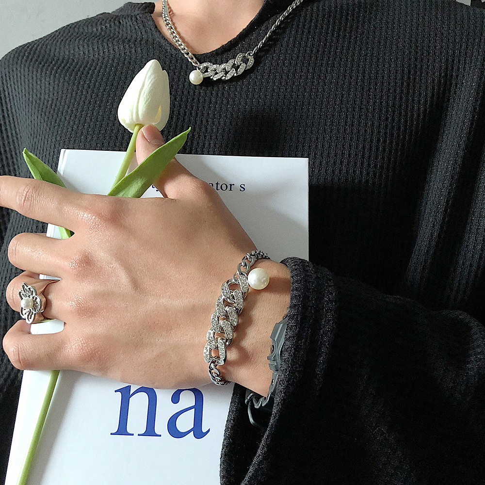 SAZ 쿠바 다이아몬드 박힌 진주 스티치 힙합 간단한 커플 빈티지 팔찌 디자인 하이 스트리트 남녀