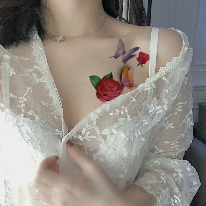 타투 아플리케 팔 방수 여성 붉은 나비 장미 꽃 가슴 커버 흉터 스티커