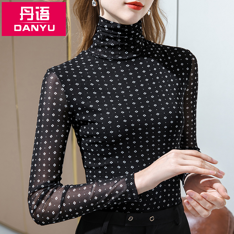 가을 겨울 여성용 폴라 셔츠, 긴팔 티셔츠 바텀 셔츠 레트로 다이아몬드 체크 메쉬 탑