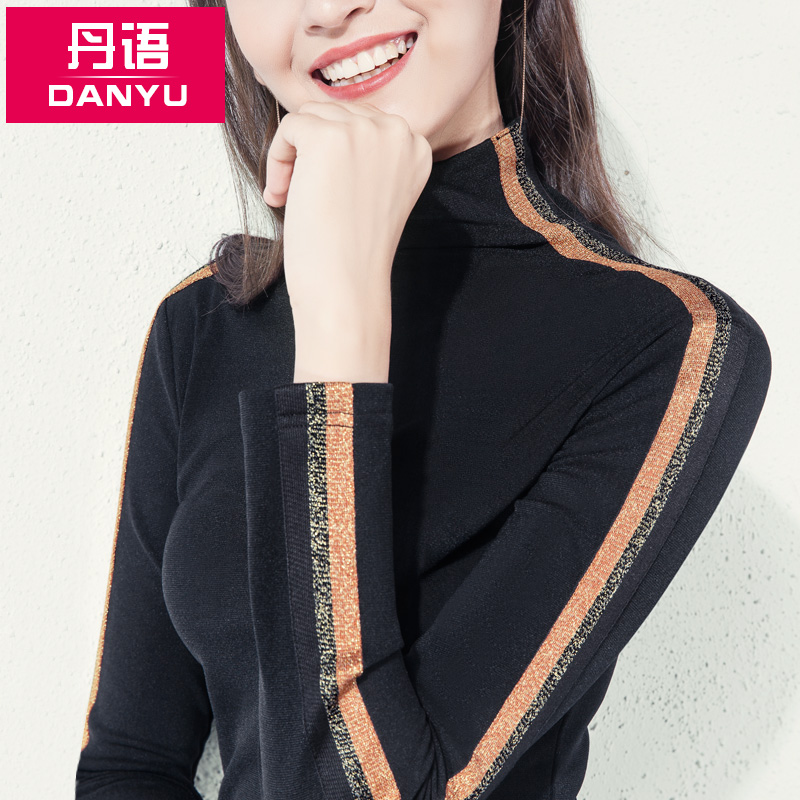 폴라탑 여성 가을 겨울 긴팔 외국 스타일 작은 셔츠 밝은 실크 대비 스트라이프 티셔츠