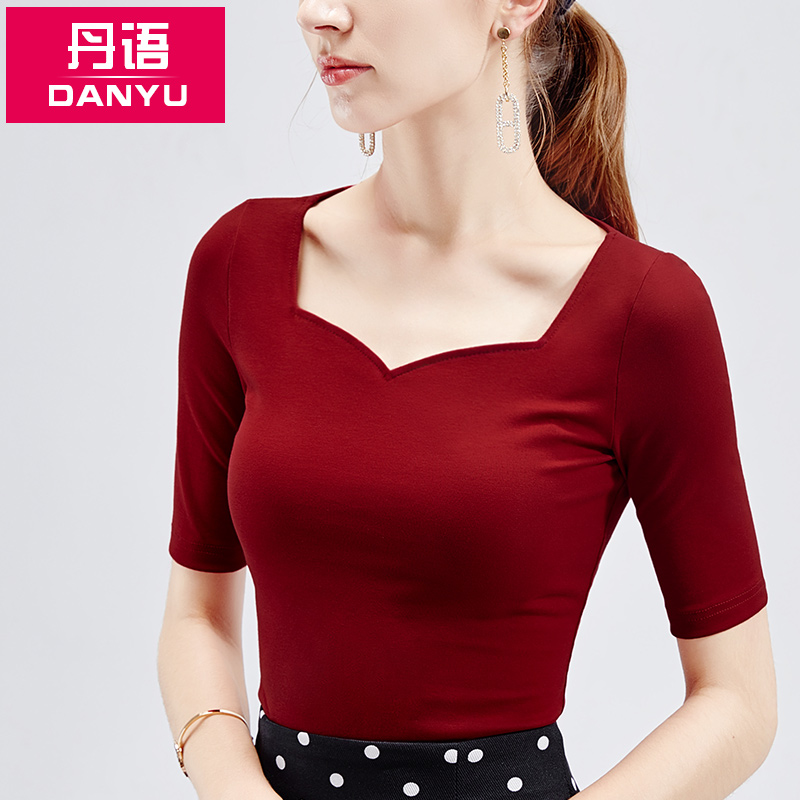 불규칙한 스퀘어 넥 티셔츠 여성용 5부 가을 여성 기본 스타일 5 점 소매 프렌치 블라우스