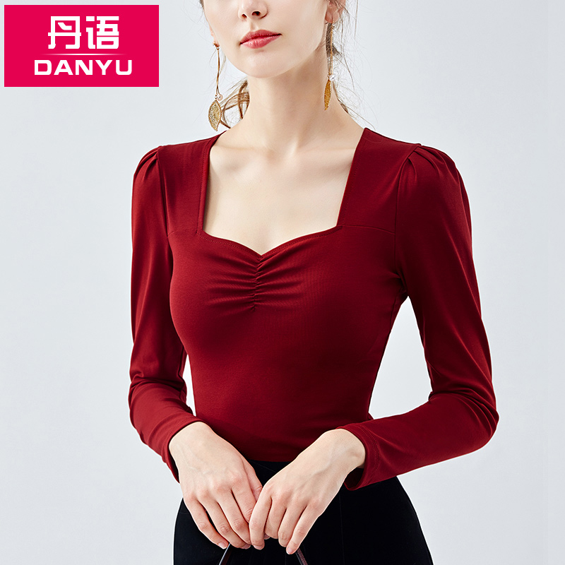 복숭아 하트 칼라 반팔 티셔츠 여성 여름 타이트한 레트로 체리 레드 프렌치 탑