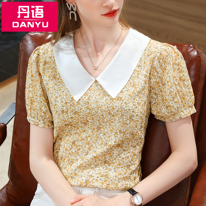 플라워 블라우스 여성 여름 스타일 반팔 카라 빈티지 퍼프 슬리브 탑