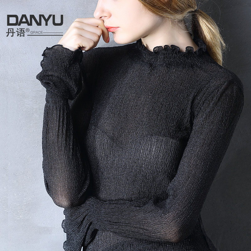 Semi-high collar bottoming shirt women s thin foreign style small shirt pleated trumpet sleeve hot tight top