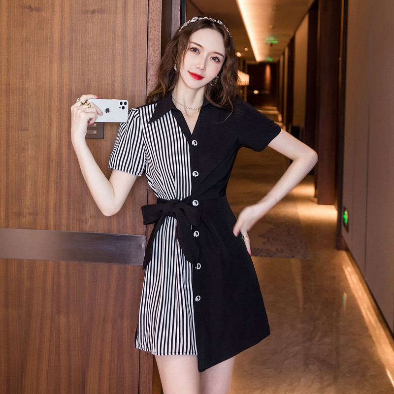 스트라이프 셔츠 원피스 여 여름 프렌치 빈티지 언밸런스 쇼트 스커트