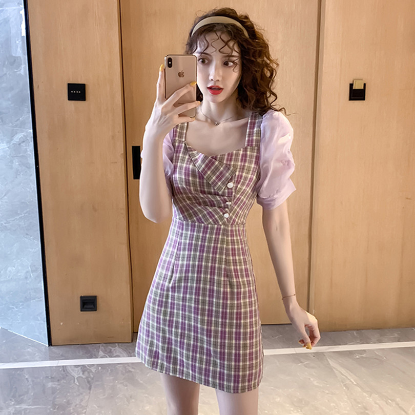 퍼플 원피스 스퀘어 넥 여리 하성감 드러내며 키 작은 체크 무드