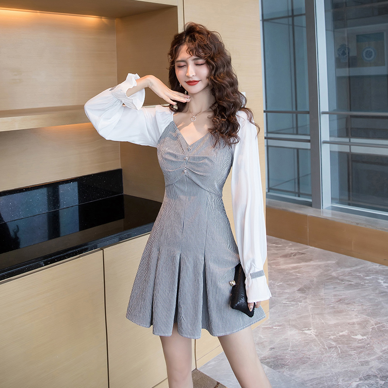 을 주름 스커트 체크 브이넥 하트 디자인 a라인 원피스 키 작은 튜브톱