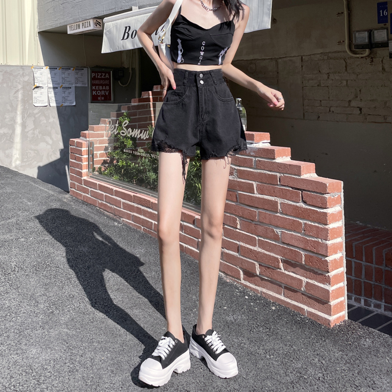 블랙 데님 반바지 여성 핫 걸 하이웨이스트 루즈핏 슬리밍 홀 에이라인 와이드 레그 숏팬츠