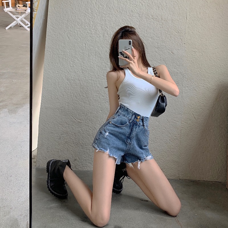 찢어진 데님 반바지 여성 하이웨이스트 에이라인 와이드 레그 팬츠 숏팬츠 루즈핏 핫 걸스