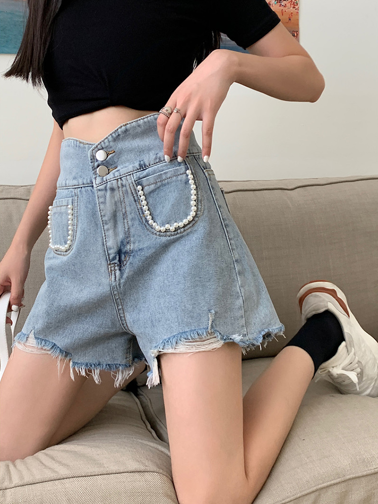 진주 데님 반바지 여성 핫 걸 하이웨이스트 슬림 루즈핏 대형 와이드 레그 숏팬츠