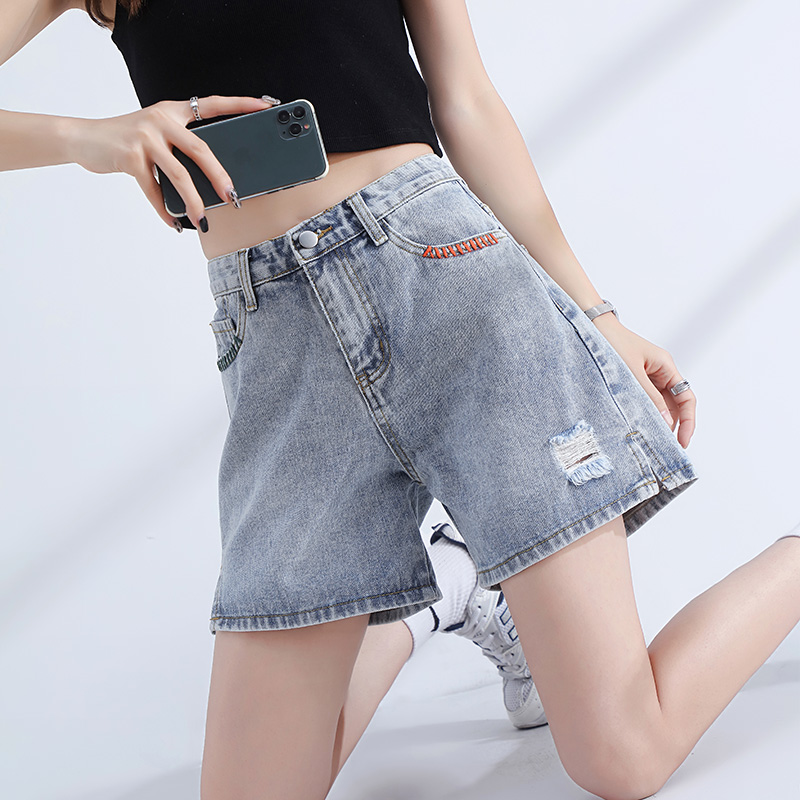 찢어진 데님 반바지 여성용 와이드 레그 하이웨이스트 핫 걸 루즈핏 작은 짧은 핫팬츠
