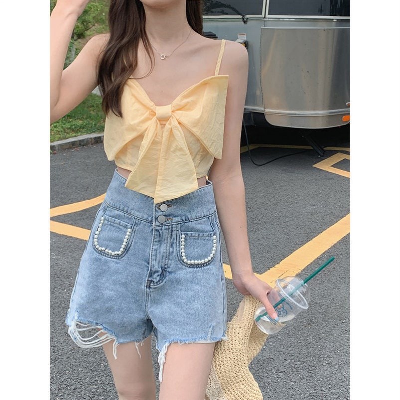 진주 데님 반바지 여성 스타일 핫 걸 하이웨스트 루즈핏 슬림 와이드 레그 숏팬츠