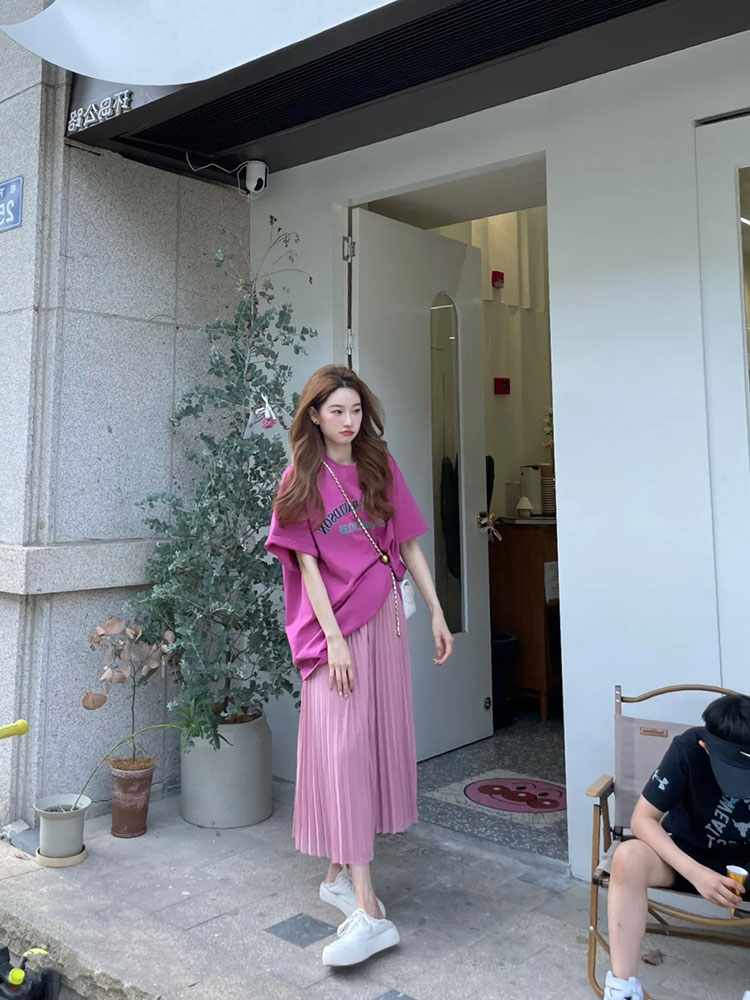 순수하고 달콤한 캐주얼 티셔츠 절반 길이 주름 치마 투피스 정장 여성 여름