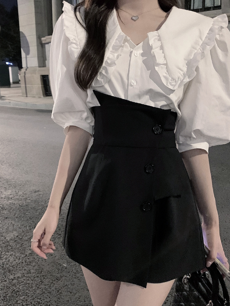 불규칙한 블랙 하프 길이 스커트 여성 여름 하이웨스트 A라인 얇고 작은 캐주얼 모든 경기 정장 짧은 치마바지